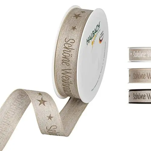 Produktbild: Halbach Seidenbänder Geschenkband Weihnachten Schöne aus Leinen 25mm x 15 m Natur zum Einpacken von Geschenken, Schleifenband mit Drahtkanten, Farbe: natural/linen, 1058