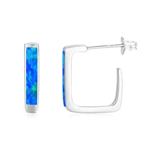 Produktbild: Redsun Halbe Creolen 925 Sterling Silber Blau Creolen-Opal Ohrringe Created Weiß Opal Kleine Huggie Creolen Ohrringe Schmuck Geschenk für Frauen Kinder