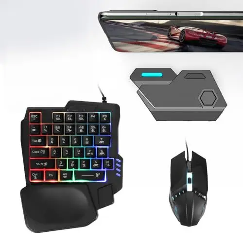 Produktbild: Halbhand-Gaming-Tastatur und -Maus-Kombination, 4-in-1-Kombipaket, Bluetooth 5.0-Konverter-Adapter für K13-Tastatur und G4-Maus, mit Telefonständer, für FPS-Handheld-Spiele