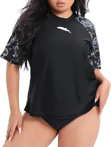 Produktbild: Halcurt UV Shirt Damen Übergröße Rash Guard Kurzarm UPF 50+ Badeshirt UV Schutz Schwimmshirt Schnell Trocknender Bademode 4X