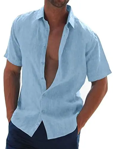 Produktbild: Halfword Leinenhemd Herren Kurzarm Hemd Sommer Freizeithemd Strandhemd Baumwolle Leinen Einfarbig Shirts Blau XXXXL