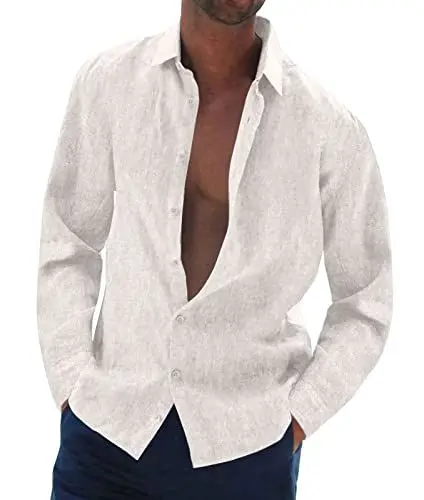 Produktbild: Halfword Leinenhemd Herren Langarm Sommer Freizeithemd Leinen Baumwolle Einfarbig Musselin Shirt Strand Weiß XL