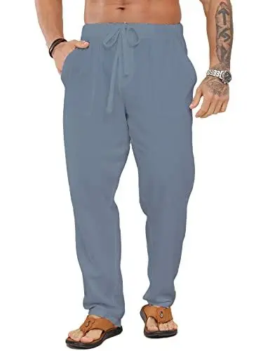 Produktbild: Halfword Leinenhose Herren Hose Lang Freizeithose Strandhose Sommer Leichte Tasche Kordelzug Urlaub Hellgrau XXXXL