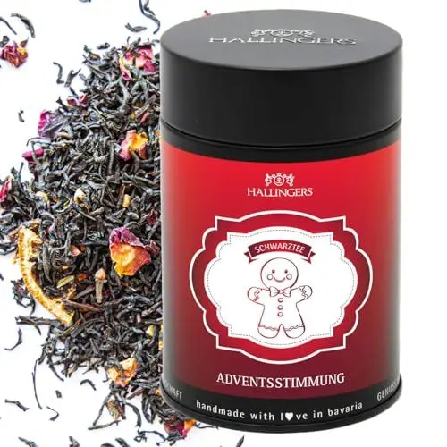 Produktbild: Hallingers Adventsstimmung - Weihnachtlicher loser Schwarz-Tee mit Mandel, Orange & Nelke Geschenk zu Advent & Weihnachten (Dose) - Muttertagsgeschenk & Geschenkideen zum Vatertag | Genesung Silvester