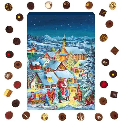 Produktbild: Hallingers Bergdorf - Adventskalender Pralinen Geschenk handmade ohne Alkohol aus Edelkakao Schokolade (Box) - Muttertagsgeschenk & Geschenkideen zum Vatertag | Glückwunsch Chanukka Freundschaft Genes