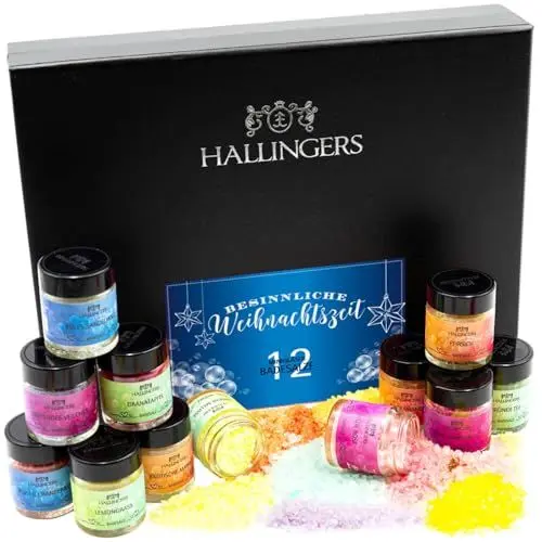 Produktbild: Hallingers Besinnliche Weihnachtszeit - Weihnachtliches 12er Badesalz-Geschenk-Set mit Totes Meer-Salzen als Geschenk zur Weihnacht (Set) - Muttertagsgeschenk & Geschenkideen zum Vatertag | Geburtstag