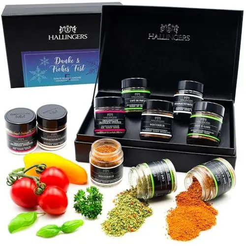 Produktbild: Hallingers Danke & Frohes Fest - Gewürze Weihnachten Geschenkset handmade, 5 Gewürze (Set) - Muttertagsgeschenk & Geschenkideen zum Vatertag | Neues Zuhause Glückwünsche Freundschaft Genesung