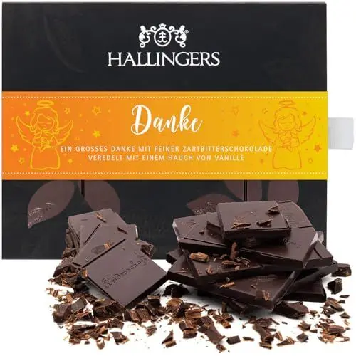 Produktbild: Hallingers Danke - Vegane Schokolade Zartbitter-Edelkakao Himbeere & Maracuja - handmade, alkoholfrei (Box) - Geschenk im Sommer & als perfektes Grillgeschenk | Glückwunsch Danke Freundschaft Genesung