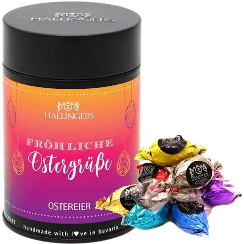 Produktbild: Hallingers Fröhliche Ostergrüße - Ostergeschenke für Osterkörbchen zu Ostern, Pralinen Ostereier handmade ohne Alkohol (Dose) - Muttertagsgeschenk & Geschenkideen zum Vatertag | Glückwunsch Glückwünsc