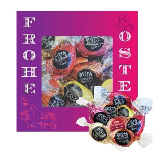 Produktbild: Hallingers Frohe Ostern L - Ostergeschenke für Osterkörbchen zu Ostern, Pralinen Ostereier handmade teils mit Alkohol (Box) - Muttertagsgeschenk & Geschenkideen zum Vatertag | Glückwunsch Glückwünsche