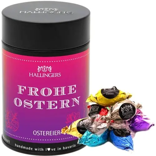 Produktbild: Hallingers Frohe Ostern - Ostergeschenke für Osterkörbchen zu Ostern, Pralinen Ostereier handmade ohne Alkohol (Dose) - Muttertagsgeschenk & Geschenkideen zum Vatertag | Glückwunsch Glückwünsche Freun