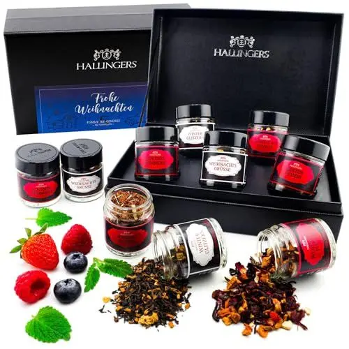 Produktbild: Hallingers Frohe Weihnachten Blue Christmas - Weihnachtliche 5 Sorten Tee Geschenkset mit Box vegan, Geschenk zu Weihnachten in Schraubgläsern (Set) - Muttertagsgeschenk & Geschenkideen zum Vatertag |