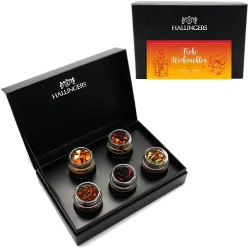 Produktbild: Hallingers Frohe Weihnachten ORANGE - Weihnachtliche 5 Sorten Tee Geschenkset mit Box vegan, Geschenk zu Weihnachten in Schraubgläsern (Set) - Muttertagsgeschenk & Geschenkideen zum Vatertag | Genesun