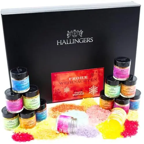 Produktbild: Hallingers Frohe Weihnachten - 24er Badesalz-Weihnachten-Set mit Totes Meer-Salzen (Set) - Adventskalender Neuheiten & Adventskalender befüllen | Glückwunsch Glückwünsche Neues Zuhause