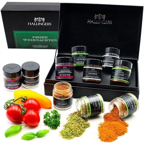 Produktbild: Hallingers Frohe Weihnachten - Gewürze Weihnachten Geschenkset handmade, 5 Gewürze (Set) - Muttertagsgeschenk & Geschenkideen zum Vatertag | Neues Zuhause Glückwünsche Freundschaft Genesung