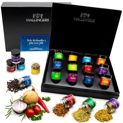 Produktbild: Hallingers Frohe Weihnachten & Gutes Neues Jahr - Gewürze Weihnachten Geschenkset handmade, 12 Gewürze (Set) - Muttertagsgeschenk & Geschenkideen zum Vatertag | Neues Zuhause Glückwünsche Freundschaft