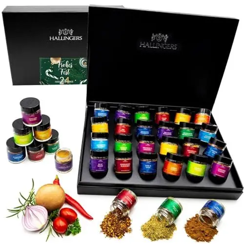Produktbild: Hallingers Frohes Fest - 24 Gewürze Geschenk Set zu Weihnachten und Advent - handmade, 24 Gewürze aus aller Welt (Set) - Muttertagsgeschenk & Geschenkideen zum Vatertag | Neues Zuhause Glückwünsche Fr