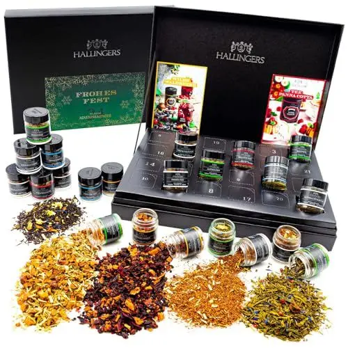 Produktbild: Hallingers Frohes Fest - Green/Golden Stars - Tee Adventskalender handmade, vegan & glutenfrei in Schraubgläsern (Set) - Muttertagsgeschenk & Geschenkideen zum Vatertag | Genesung Chanukka Freundsch