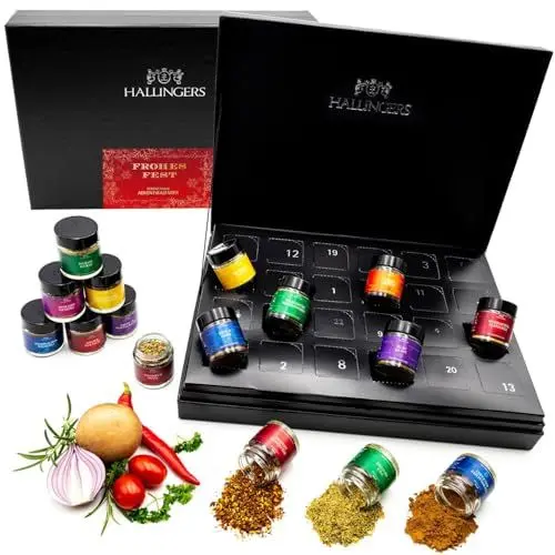 Produktbild: Hallingers Frohes Fest - Red/Golden Stars - Gewürz Adventskalender handmade, 24 Gewürze aus aller Welt (Set) - Muttertagsgeschenk & Geschenkideen zum Vatertag | Neues Zuhause Chanukka Freundschaft G