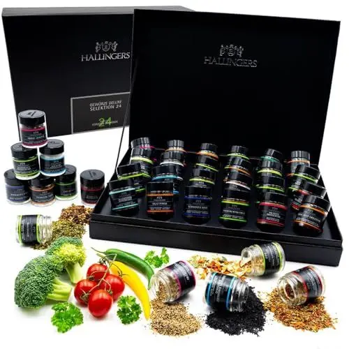 Produktbild: Hallingers Deluxe Selektion 24 - Gewürz Geschenkset handmade, 24 Gewürze aus aller Welt (Set) - Muttertagsgeschenk & Geschenkideen zum Vatertag | Neues Zuhause Glückwünsche Genesung