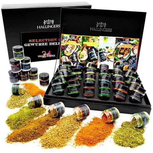Produktbild: Hallingers Gewürze Deluxe Selektion 24 - No. 1 - Gewürz Geschenkset handmade, 24 Gewürze aus aller Welt (Set) - Muttertagsgeschenk & Geschenkideen zum Vatertag | Neues Zuhause Glückwünsche Freundschaf