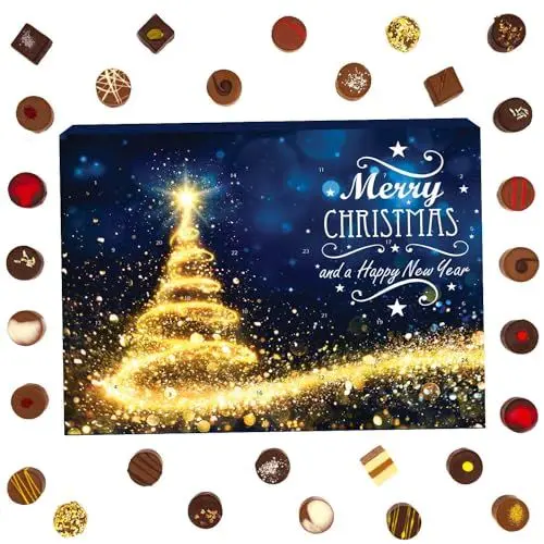 Produktbild: Hallingers Glitzertanne - Adventskalender Pralinen Geschenk handmade teils mit Alkohol aus Edelkakao Schokolade (Box) - Muttertagsgeschenk & Geschenkideen zum Vatertag | Glückwunsch Chanukka Freundsch
