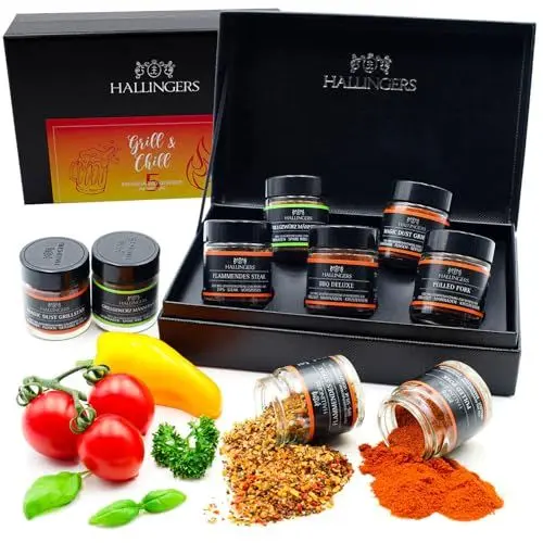 Produktbild: Hallingers Grill & Chill - Gewürz Geschenkset handmade, 5 Gewürze aus aller Welt (Set) - Muttertagsgeschenk & Geschenkideen zum Vatertag | Neues Zuhause Glückwünsche Freundschaft Genesung