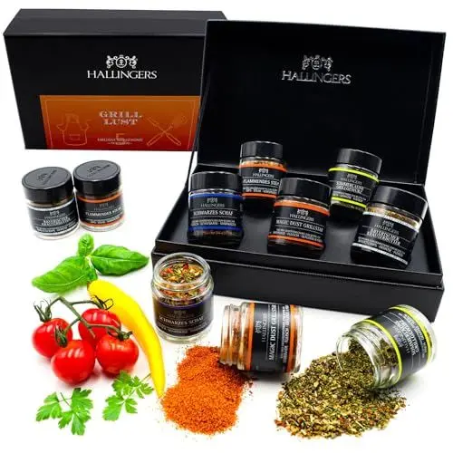 Produktbild: Hallingers Grilllust - Gewürz Geschenkset Grillen handmade, 5 Gewürze aus aller Welt (Set) - Muttertagsgeschenk & Geschenkideen zum Vatertag | Neues Zuhause Ruhestand Genesung