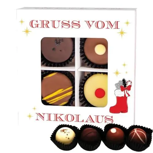 Produktbild: Hallingers Gruß vom Nikolaus - Manufaktur Pralinen Weihnachten Geschenk handmade teils mit Alkohol aus Edelkakao Schokolade (Box) - Geschenk im Sommer & als perfektes Grillgeschenk | Glückwunsch Danke