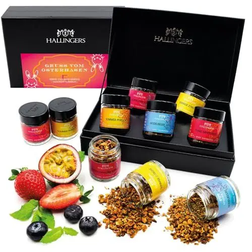 Produktbild: Hallingers Gruß vom Osterhasen - Ostergeschenke für Osterkörbchen zu Ostern, 5 Tee Geschenkset mit Cold Brew Eistees, vegan (Set) - Geschenk im Sommer & als perfektes Grillgeschenk | Glückwunsch Genes