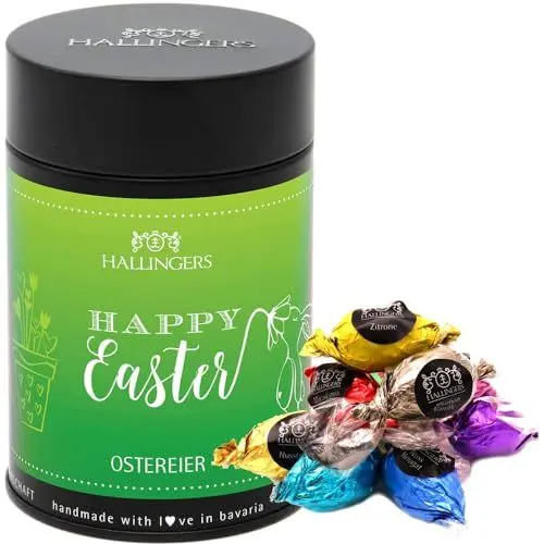 Produktbild: Hallingers Happy Easter - Ostergeschenke für Osterkörbchen zu Ostern, Pralinen Ostereier handmade ohne Alkohol (Dose) - Muttertagsgeschenk & Geschenkideen zum Vatertag | Glückwunsch Glückwünsche Freun