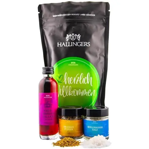 Produktbild: Hallingers Herzlich willkommen - Glückwünsche Wundertüte Geschenkset Quellwasser Salz, Orangen Pfeffer & Himbeer Balsam - welcome (Bag) - Muttertagsgeschenk & Geschenkideen zum Vatertag | Geburtstag G