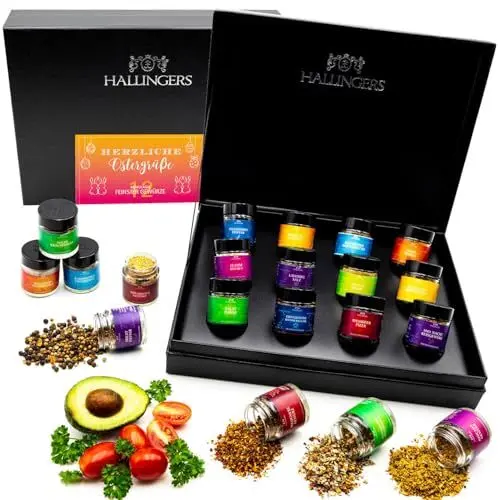 Produktbild: Hallingers Herzliche Ostergrüße - Ostergeschenke für Osterkörbchen zu Ostern, 12 Gewürze Oster Geschenkset handmade in Gläsern (Set) - Geschenk im Sommer & als perfektes Grillgeschenk | Glückwunsch Fr