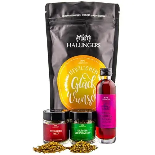 Produktbild: Hallingers Herzlichen Glückwunsch - Glückwünsche Wundertüte Geschenkset Pizza, Kräuter Gewürz & Himbeer-Balsam Essig - zum Feiern (Bag) - Muttertagsgeschenk & Geschenkideen zum Vatertag | Geburtstag G