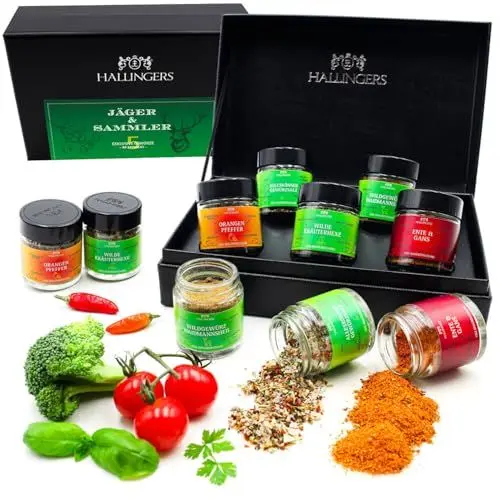 Produktbild: Hallingers Jäger und Sammler - Gewürz Geschenkset handmade, 5 Gewürze aus aller Welt (Set) - Geschenk im Sommer & als perfektes Grillgeschenk | Neues Zuhause Glückwünsche Genesung