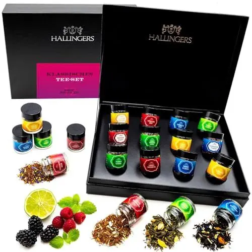 Produktbild: Hallingers Klassisches Tee-Set - No. 1-12 Sorten Tee Geschenkset, loser Tee in Schraubgläsern, Teesortiment als Tee Geschenk vegan (Set) - Muttertagsgeschenk & Geschenkideen zum Vatertag | Genesung