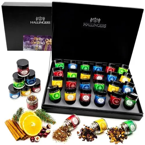 Produktbild: Hallingers Merry Christmas - 24 Sorten Tee Geschenkset zum Advent, vegan in Schraubgläsern (Set) - Muttertagsgeschenk & Geschenkideen zum Vatertag | Glückwunsch Glückwünsche Freundschaft Genesung