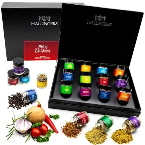 Produktbild: Hallingers Merry Christmas - Gewürze Weihnachten Geschenkset handmade, 12 Gewürze (Set) - Muttertagsgeschenk & Geschenkideen zum Vatertag | Neues Zuhause Glückwünsche Freundschaft Genesung