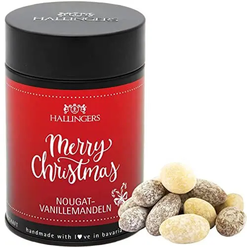 Produktbild: Hallingers Merry Christmas - Nougat-schokolierte Vanille-Mandeln handgemacht - fix und fertig als Geschenk (Dose) - Muttertagsgeschenk & Geschenkideen zum Vatertag | Glückwunsch Freundschaft Genesung