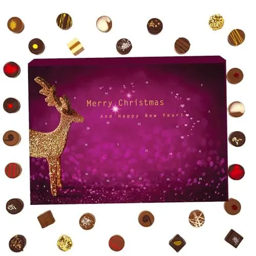 Produktbild: Hallingers Modern - Adventskalender Pralinen Geschenk handmade ohne Alkohol aus Edelkakao Schokolade (Box) - Muttertagsgeschenk & Geschenkideen zum Vatertag | Glückwunsch Chanukka Freundschaft Genesun