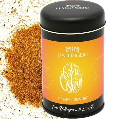Produktbild: Hallingers Oster Eigewürz Frohe Ostern - Ostergeschenke für Osterkörbchen zu Ostern, Gewürz-Mischung für Osterei Rührei & Omlett (Dose) - Muttertagsgeschenk & Geschenkideen zum Vatertag | Glückwunsch