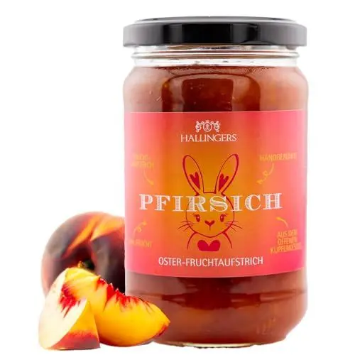 Produktbild: Hallingers Oster Fruchtaufstrich Pfirsich - Ostergeschenke für Osterkörbchen zu Ostern, Handgerührter Fruchtaufstrich fürs Osterfrühstück (Glas) - Muttertagsgeschenk & Geschenkideen zum Vatertag | Glü
