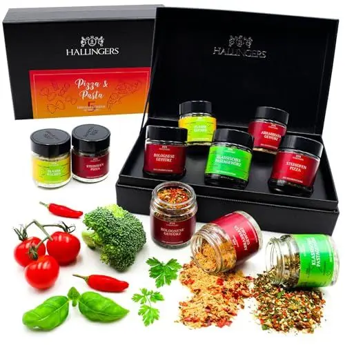 Produktbild: Hallingers Pizza & Pasta - Gewürz Geschenkset handmade, 5 Gewürze aus aller Welt (Set) - Muttertagsgeschenk & Geschenkideen zum Vatertag | Neues Zuhause Glückwünsche Freundschaft Genesung