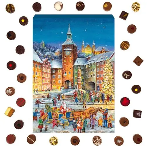 Produktbild: Hallingers Romantische Weihnachten - Adventskalender Pralinen Geschenk handmade ohne Alkohol aus Edelkakao Schokolade (Box) - Muttertagsgeschenk & Geschenkideen zum Vatertag | Glückwunsch Chanukka Fre