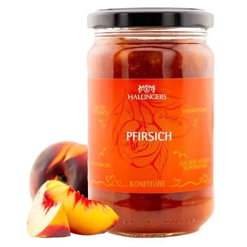 Produktbild: Hallingers Roter Weinbergpfirsich - Handgerührter Fruchtaufstrich aus dem Kupferkessel (Glas) - Muttertagsgeschenk & Geschenkideen zum Vatertag | Genesung Ruhestand Freundschaft