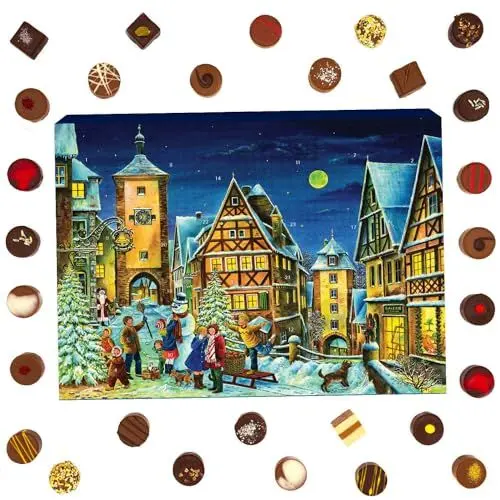 Produktbild: Hallingers Rothenburg - Adventskalender Pralinen Geschenk handmade ohne Alkohol aus Edelkakao Schokolade (Box) - Muttertagsgeschenk & Geschenkideen zum Vatertag | Glückwunsch Chanukka Freundschaft Gen
