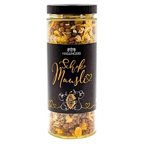 Produktbild: Hallingers Genussvolles Schoko Müsli - Feinstes Gourmet-Müsli frisch aus der Mühle (Glas) - Muttertagsgeschenk & Geschenkideen zum Vatertag | Neues Zuhause Ruhestand Danke Genesung