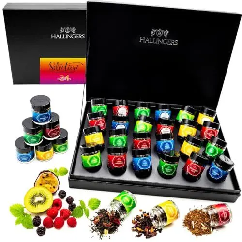Produktbild: Hallingers Selection - 24 Sorten Tee Geschenkset, vegan & glutenfrei in Schraubgläsern (Set) - Muttertagsgeschenk & Geschenkideen zum Vatertag | Genesung Silvester Glückwünsche