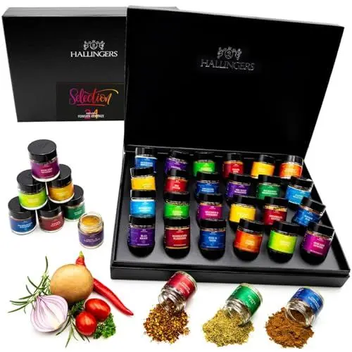 Produktbild: Hallingers Selection - Gewürz Geschenkset handmade, 24 Gewürze aus aller Welt (Set) - Muttertagsgeschenk & Geschenkideen zum Vatertag | Neues Zuhause Glückwünsche Freundschaft Genesung