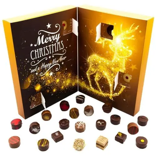 Produktbild: Hallingers Sternennacht - Adventskalender Pralinen Geschenk handmade ohne Alkohol aus Edelkakao Schokolade (Box) - Geschenk im Sommer & als perfektes Grillgeschenk | Glückwunsch Chanukka Freundschaft